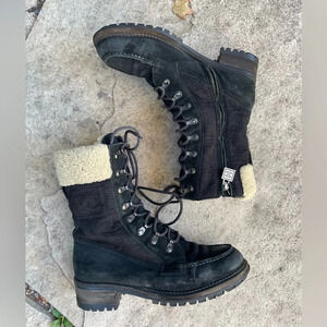 Chanel Black  Wool, Suede & Shearling Lace up Combat Boots, Size 39
